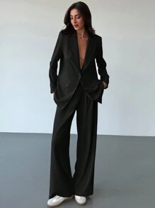Aloruh 新品优雅办公套装，采用剪影效果、小众设计、长款西装外套 - 黑色 - 查看 1