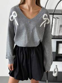 Aloruh New Christmas Green Knit Pullover Sweater With Bow Decor, Warm For Autumn/Winter - Green - View 4