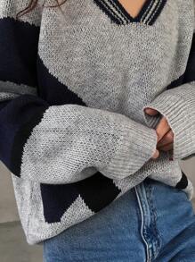 FRIFUL 女士 V 领长袖撞色套头衫，适合秋冬季