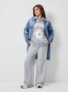 Teens Girls Medium Wash Distressed Simple Long Denim Jacket, Casual Outerwear