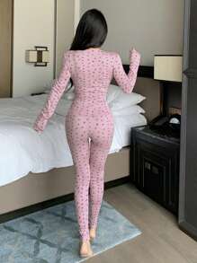 DAZY Ditsy Floral Deep V-Neck Long Sleeve Top And Skinny Pants Pajama Set, Fall Winter Clothes - Pink - View 2