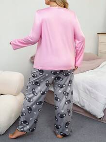 SHEIN 大码女式考拉针织长袖上衣和裤子睡衣套装，舒适优雅，秋冬服装 - 彩色 - 查看 2