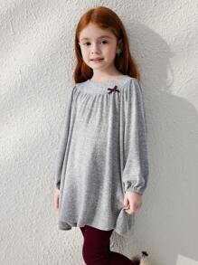 Blossori Đầm cổ tròn dệt kim nơ xám rộng rãi cho bé gái kèm quần legging, phong cách Pháp thanh lịch, thu/đông - Xám - Xem 7