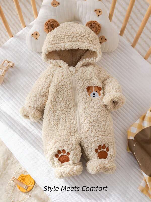 Newborn Baby Boy Cute Cartoon Dog Embroidery Hooded Full Zip Front Plush Jumpsuit With 3D Ear, Soft And Comfortable Fleece Home Outfit For Autumn/Winter