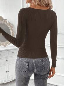 SHEIN Clasi Women Round Neck Long Sleeve Solid Color Sweater Top With Metal Button Embellished Cuffs In Fall/Winter - Coffee Brown - View 2