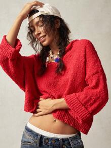 Bohemela Vacation Loose V-Neck Solid Color Dropped Shoulder Long Sleeve Sweater For Women