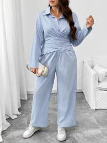 Flirla 2pcs Plus Size Set: Striped Long Sleeve Casual Crossover Pullover Shirt & Pants - Blue and White - View 4