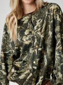 SHEIN EZwear Fashion Camouflage Print Button Front Jacket, Autumn - Army Green - View 6