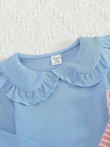 SHEIN Playful Pals 3pcs/Set Baby Girls Elegant Ruffle Peter Pan Collar Striped Long Sleeve T-Shirt, Cute & Fashionable Ideal For Casual, Holiday And Everyday Wear, All Seasons - Blue - View 5