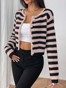 SHEIN PETITE Áo khoác cardigan sọc dài tay cài nút phía trước dành cho nữ, mặc hàng ngày - Màu Hồng baby - Xem 5