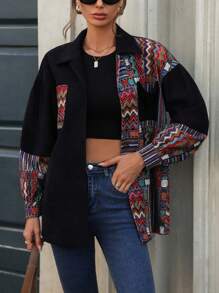 LanaWest Áo khoác nhung kẻ màu tương phản dáng rộng thoải mái cho nữ - Nhiều màu - Xem 5