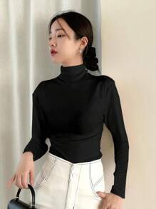 DAZY 女式半高领长袖修身打底 T 恤，黑色，春夏、秋装 - 黑色 - 查看 4