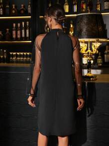 SHEIN Clasi 女士纯色网眼撞色立领长袖短款休闲连衣裙 - 黑色 - 查看 2