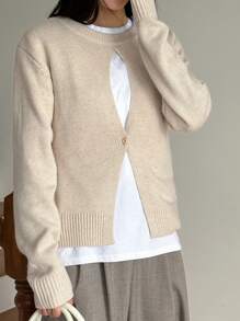 Dazy-Less Stylish Split Hem Pullover Knitted Cardigan Sweater For Women,Fall Women Clothes - Khaki - View 3