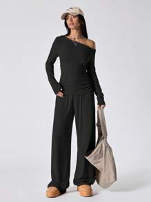 LYSMO Bộ 2 áo dài tay cổ bẻ đơn giản cho nữ và quần dài màu trơn - màu đen - Xem 1