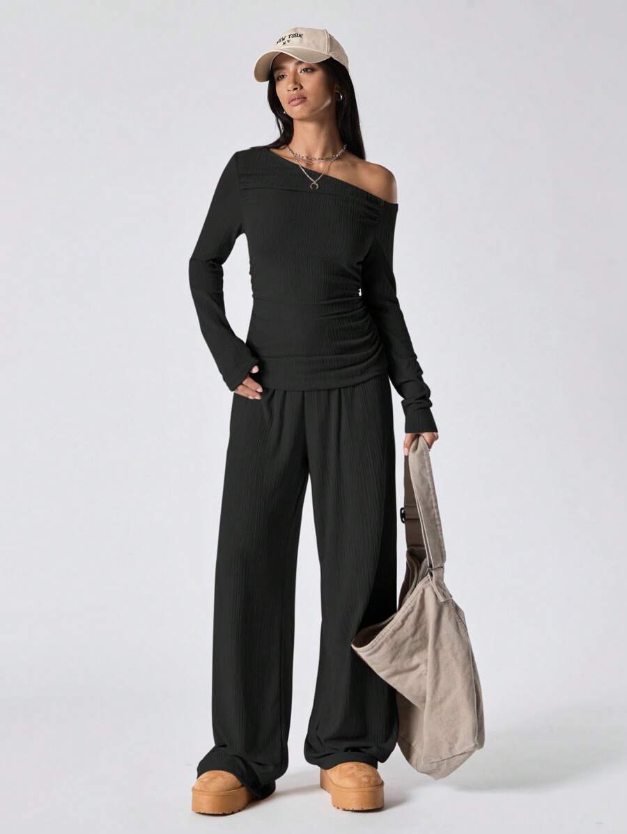 LYSMO Bộ 2 áo dài tay cổ bẻ đơn giản cho nữ và quần dài màu trơn - màu đen - Xem 1