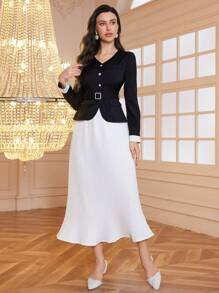 Modelyn 2 件套女士高品质 V 领长袖腰部收腰束腰上衣，配有水钻纽扣褶皱长裙，优雅风格，秋冬 - 黑與白 - 查看 6