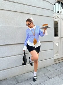 Flirla Camisa de manga larga a rayas verticales blancas y negras de estilo retro francés de nicho de talla grande, blusa de cintura ceñida 2 en 1