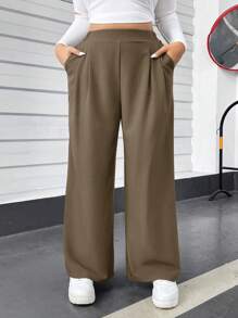 SHEIN Essnce 大码女装秋冬时尚休闲宽松舒适卡其色松紧腰基本百搭阔腿裤，秋季女装，老款，女式下装，冬装，曲线服装 - 卡其色 - 查看 6