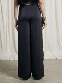 AiiRZ 缎面高腰阔腿裤 - 黑色 - 查看 2
