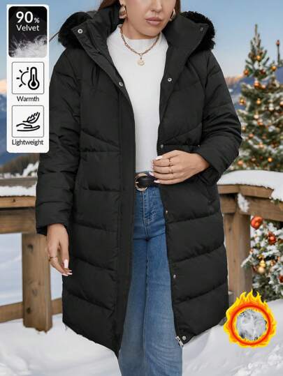 SHEIN LUNE Plus Size Front Button Long Sleeve Casual Feather Down Jacket (Fluffy Collar) Fall Cloth For Women