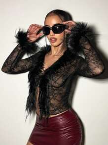 EgrlEra Women's Sexy Lace Sheer With Fluffy Patchwork Tie Waist Women Top Y2K Outfit  - Black - View 3