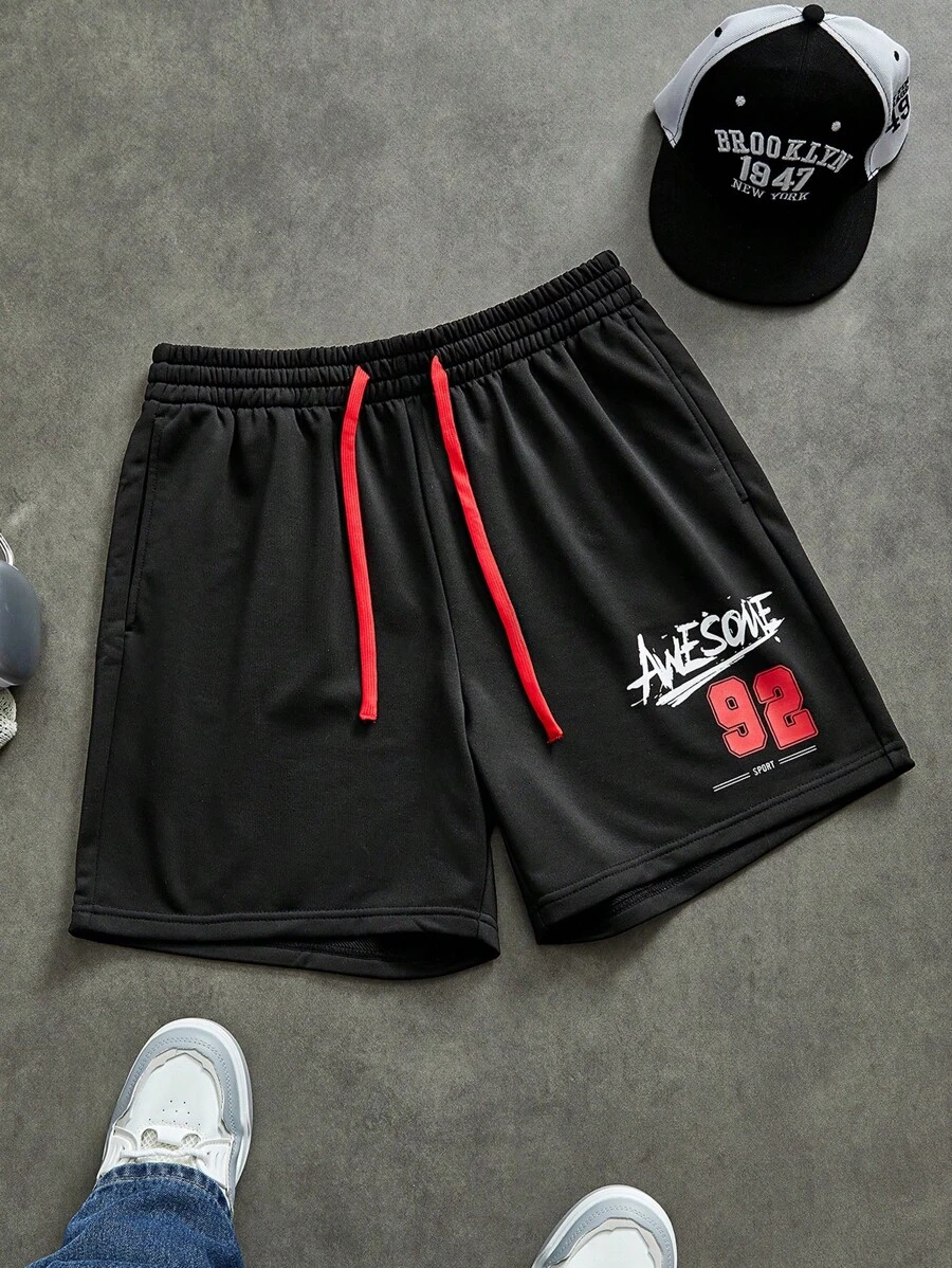 Sport MetroGents 男友风男士字母印花抽绳腰部宽松休闲健身运动短裤 - 黑色 - 查看 1