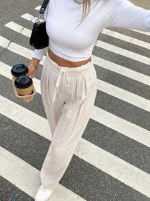 SHEIN Frenchy 女款系腰条纹印花休闲纸袋裤 - 彩色 - 查看 5