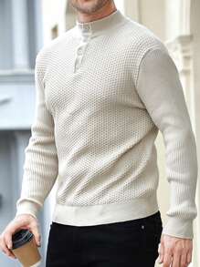 Manfinity Homme Men's Casual Solid Color Stand Collar Sweater, Autumn/Winter - Khaki - View 1