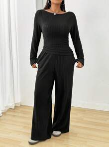 SHEIN EZwear 2pcs/Set Plus Size Women Casual Black Round Neck Long Sleeve Top And Pants Set - Black - View 3