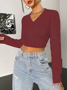 Flirla Women's Solid V-Neck Long Sleeve Casual Cropped Sweater Knit Pullover Fall Winter - Burgundy - View 3
