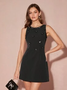 Enchnt New Autumn Winter Products,Women's Rhinestone Decor Crew Neck Sleeveless Elegant Mini Dress, Fall Winter Women's Clothing, Winter Dress,For Halloween & Christmas Party,Party Dress - Black - View 2