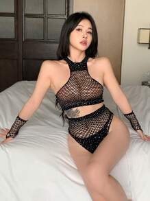 DAZY 1 conjunto Lencería sexy con sujetador de malla de cristal elástico y juego de pantalones, con mangas para los brazos