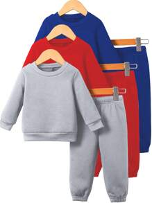 3pcs Baby Boys Casual Solid Color Crew Neck Fleece Sweatshirts