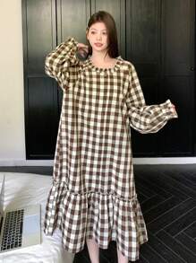 DAZY 格子面料荷叶边下摆休闲连衣裙 - 咖啡棕 - 查看 5