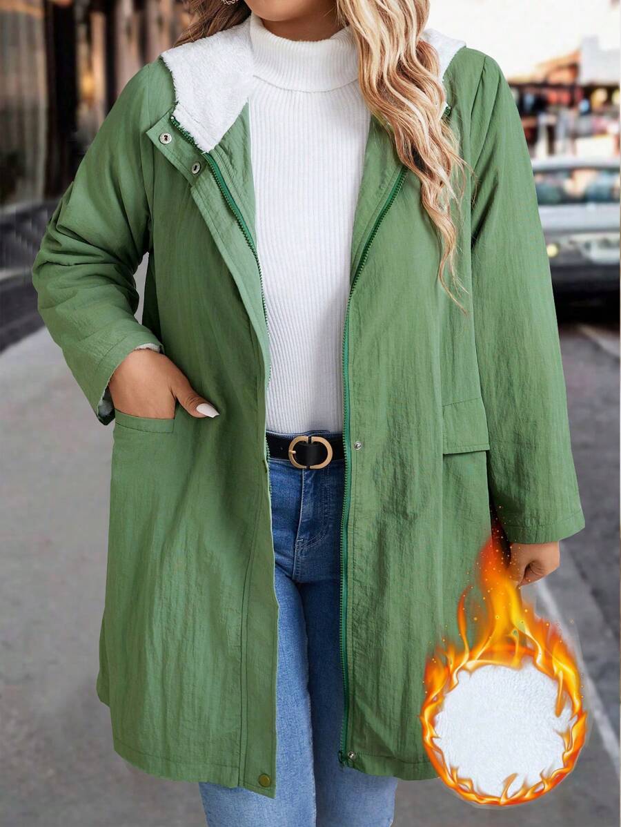 Plus Size Casual Daily Zip-Up Hooded Jacket With Pockets, Thermal Lined Warm, Autumn/Winter Fall Cloth For Women - Green - View 1