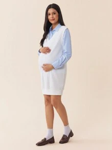 SHEIN 2pcs Maternity Outfit - Blue & White Striped Shirt With V-Neck Knit Long Sleeve Dress, Autumn & Spring - Blue and White - View 3