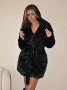 SHEIN ICON 1pc Solid Color Fluffy Fuzzy Tie-Up Decor Long Sleeve Jacket