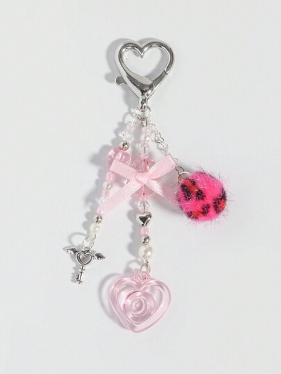Kawaii 1pc Cute Y2K Style Pink Heart-Shaped Bag Charm, 1pc Pink Leopard Fluffy Pom Pom Keychain