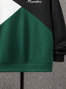 SHEIN Sudadera con capucha con estampado gráfico de bloqueo de color, cómoda y versátil, para adolescentes - Verde Oscuro - Ver 5