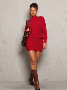 Glamine 2pcs Set: Batwing Sleeve Loose & Mini Fitted Stand Collar Dress