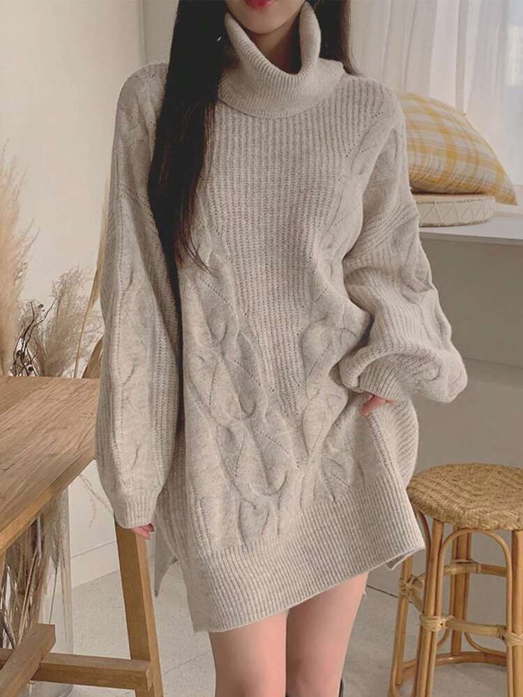 1 pieza Vestido de suéter de manga larga holgado de cuello alto de unicolor para mujer, ropa de mujer de otoño