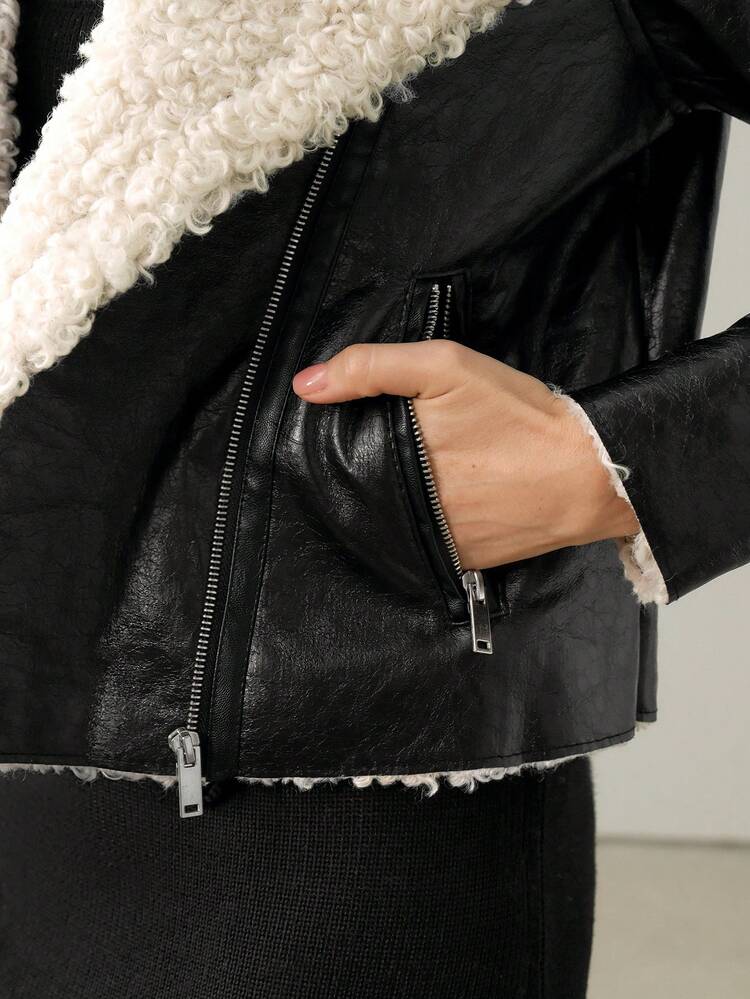 女性用 ファッショナブル カラーブロック タンダウンカラー デュアルポケット ショートジャケット