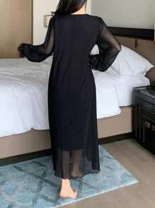 DAZY 1件装女士纯色前系带网纱拼接长袖简约连衣裙，休闲日常穿着睡衣情人节款