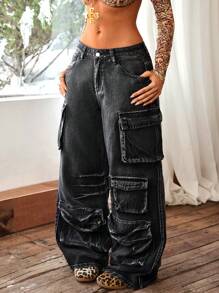 SHEIN ICON Jeans cargo de pierna ancha y multibolsillo de aspecto lavado para mujer