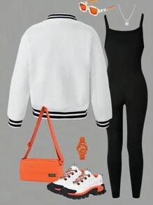 SHEIN Explorewe Bộ 2 áo khoác bóng chày thêu chữ thường ngày cho bé gái tuổi teen và bộ áo liền quần, phù hợp cho mùa thu/đông - trắng - Xem 2