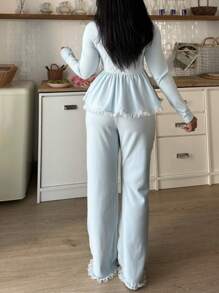 Snug Zone Women Lace Patchwork Button Front Long Sleeve Top & Pants Sleepwear Pajama Set, Fall Winter Clothes - Baby Blue - View 2