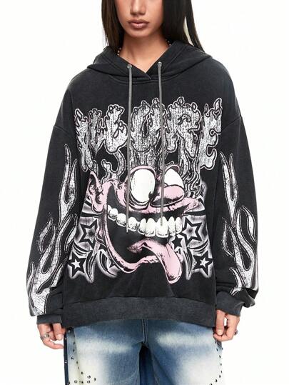 Grunge Punk بلوزة رياضية نسائية كاجوال مطبوعة برسوم مضحكة مع غسيل متهالك، مناسبة للارتداء اليومي