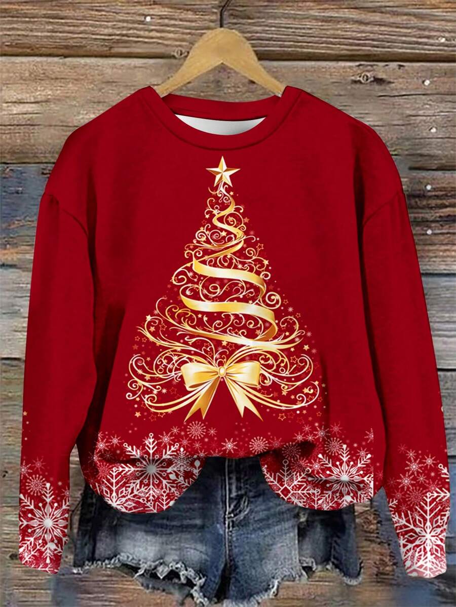 SHEIN LUNE 休闲简约圣诞图案印花圆领宽松女式连帽衫运动衫，适合秋冬季 - 彩色 - 查看 1