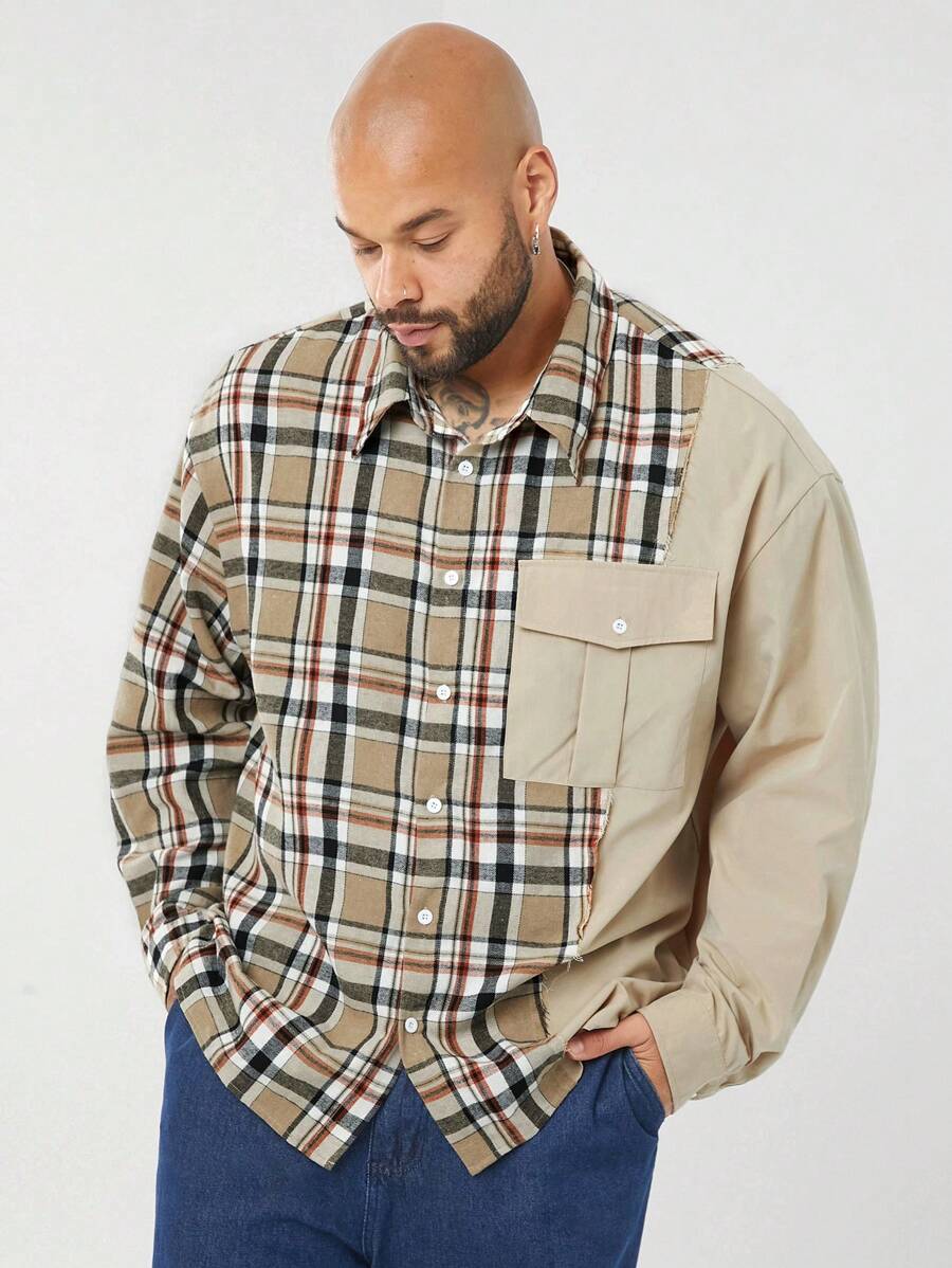 Manfinity VCAY Plus Size Men Loose Brushed Plaid Patchwork Long Sleeve Shirt